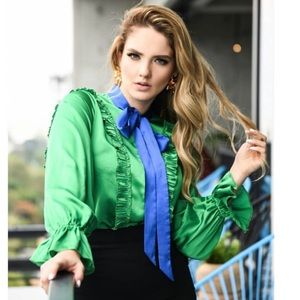 The Moon Unique Blue and Green Ruffle Tie Front Blouse sz Medium